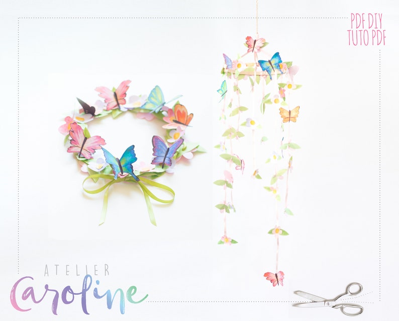 Herunterladbare Schmetterlinge und Blumen Papier Aquarell, Krone, Girlande druckbare DIY PDF Instant Download Bild 1
