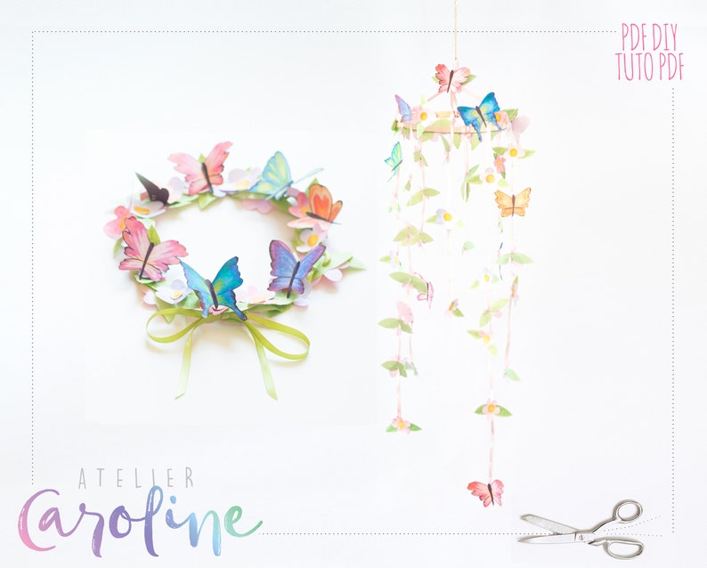 Downloadable Butterflies and flower Paper watercolour, crown, bunting garland printable DIY PDF Instant Download image 1