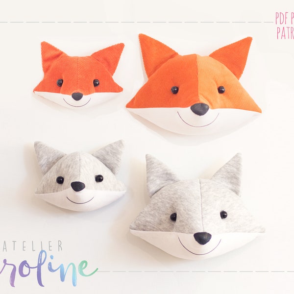 Downloadable Faux taxidermy fox and wolf, regular ans baby size,  wall hanging sewing pattern