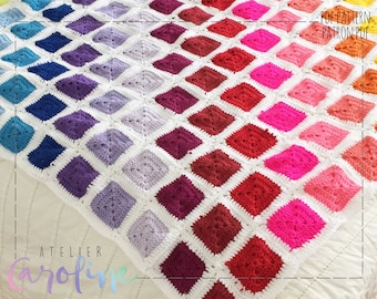 Downloadable Colourful Rainbow solid granny squares blanket, worsted medium yarn