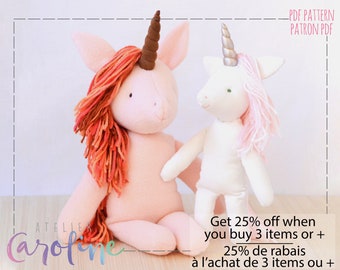 Downloadable Sewing pattern and tutorial, stuffed toy unicorn, small and larger animal, DIY Animal Rag Doll