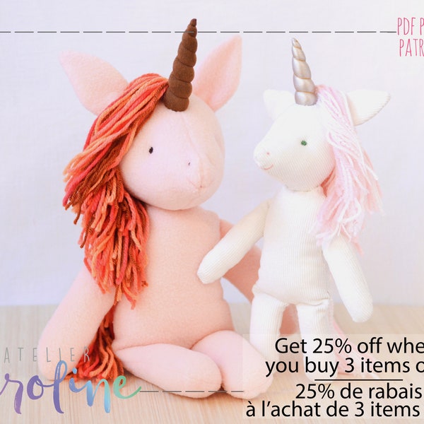 Downloadable Sewing pattern and tutorial, stuffed toy unicorn, small and larger animal, DIY Animal Rag Doll