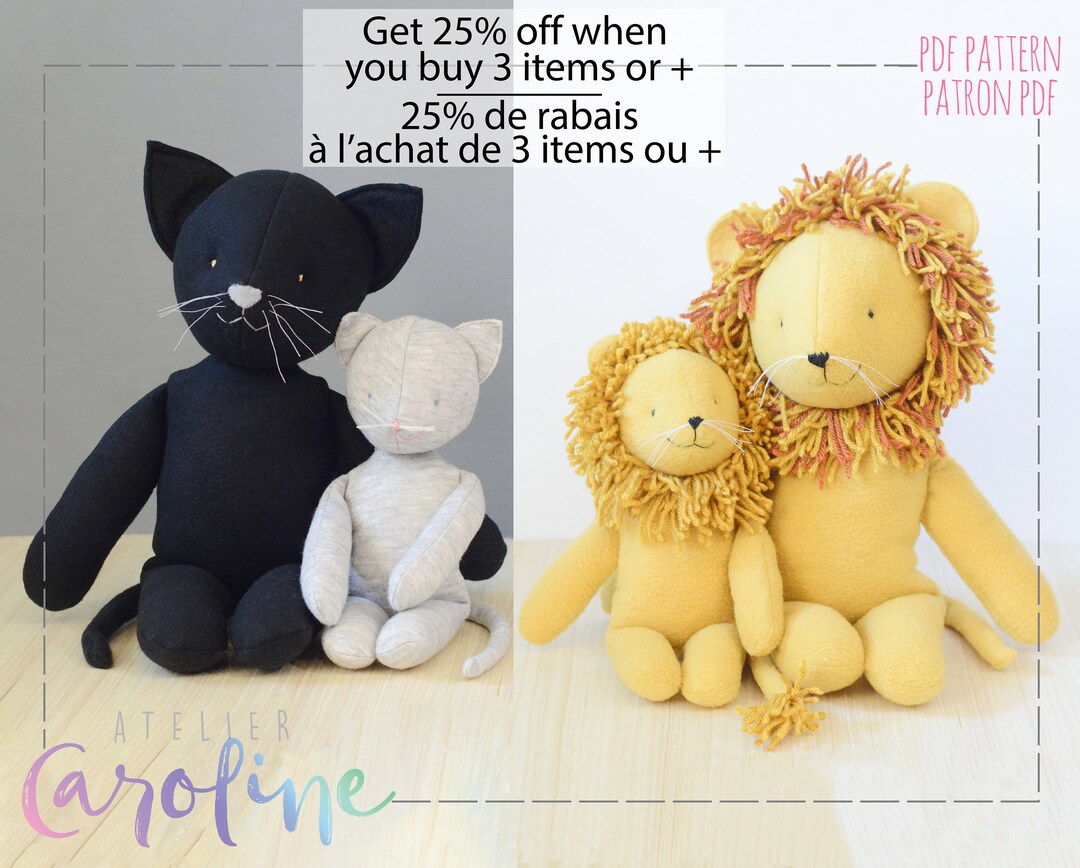 Downloadable Sewing Pattern and Tutorial, Stuffed Toy Cat Kitty Plush ...