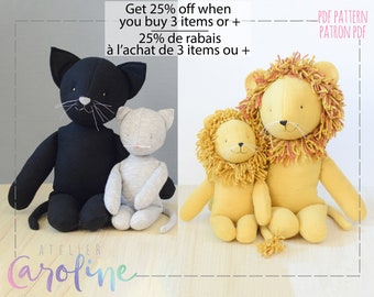 Downloadable Sewing pattern and tutorial, stuffed toy cat kitty plush and for lion + L size animal, DIY Rag Doll