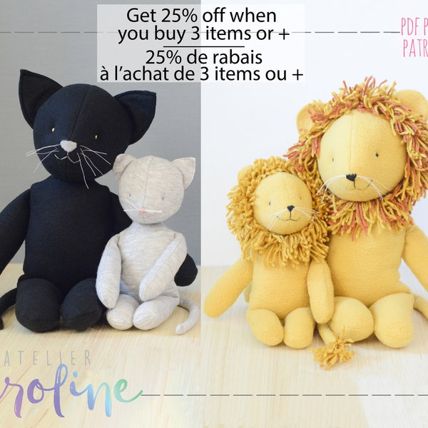 Downloadable Sewing pattern and tutorial, stuffed toy cat kitty plush and for lion + L size animal, DIY Rag Doll