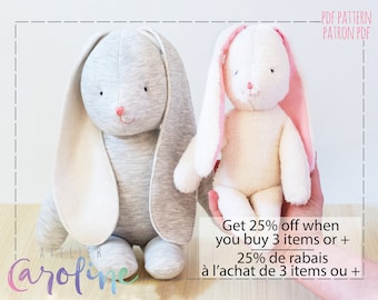 Bunny rabbit plush pdf Sewing pattern and tutorial, small and large stuffed toy , DIY Animal Rag Doll