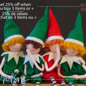 Peut inclure: Quatre poupées elfes en feutre faites à la main avec des chapeaux verts et rouges. Les poupées sont assises ensemble et sourient. Le texte "Get 25% off when you buy 3 items or + 25% de rabais à l'achat de 3 items ou + PDF PATTERN PATRON PDF TELLER Caroline" est visible sur l'image.