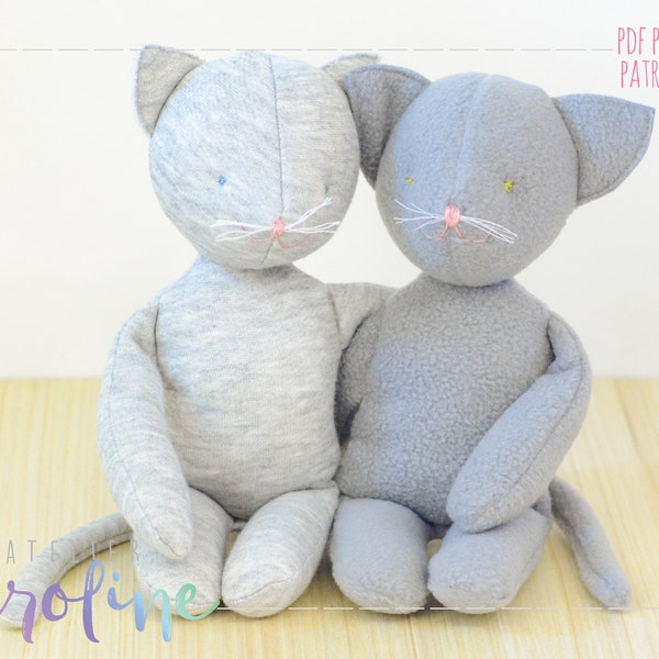 Downloadable Sewing pattern and tutorial, stuffed toy cat kitty plush, DIY Animal Stuffed Rag Doll