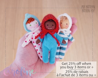 Mini baby doll sewing pattern with pyjamas and bonnet hat downloadable miniature rag doll pattern