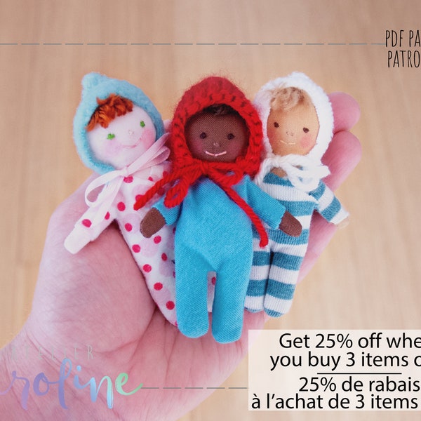 Mini baby doll sewing pattern with pyjamas and bonnet hat downloadable miniature rag doll pattern