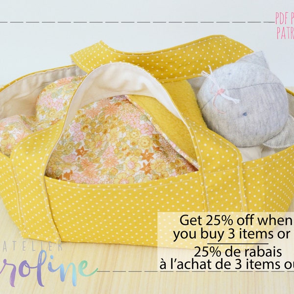 Downloadable Sewing pattern and tutorial, basket, mattress, pillow and blanket for stuffed toy, bassinet bed