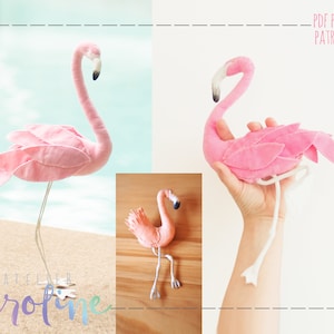 May include: Pink felt flamingo sewing pattern. The pattern includes instructions for making a large flamingo with a long neck and legs, and a smaller flamingo with shorter legs. The pattern is available as a PDF download.