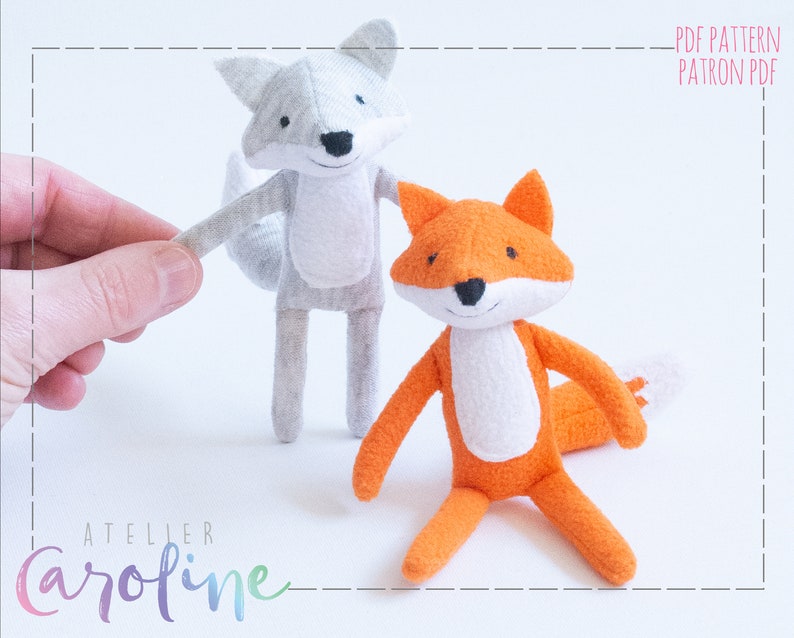 Downloadable Sewing pattern and tutorial, stuffed miniature fox and wolf plush, DIY Animal Stuffed Rag Doll image 1