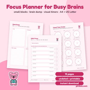 Focus Planner Printable for Busy Brains, Undated Daily Planner PDF, Brain Dump, Visual Timer Circles, Pink Kawaii Koala, A4 and Letter