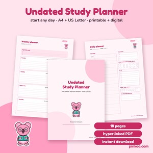 Könnte beinhalten: Ein undatiertes Studienplaner-Set mit einer rosa Koala-Figur. Die Seiten umfassen einen Wochenplaner, einen Tagesplaner und ein Deckblatt mit dem Text Undated Study Planner, start any day, plan any semester, study with Koa.