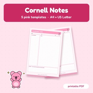 Könnte beinhalten: Ein Set aus fünf rosa Cornell-Notizvorlagen in A4- und US-Letter-Größen. Die Seiten enthalten linierte Bereiche für Hinweise, Fragen, Notizen und eine Zusammenfassung, verziert mit einer kleinen Koala-Illustration. Der Text lautet Cornell Notes, 5 pink templates, A4 + US Letter und printable PDF.