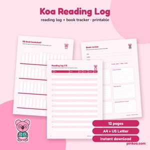 Könnte beinhalten: Ein druckbares Koa Reading Log Set mit drei Seiten in Pinktönen und einer Koala-Figur. Die Seiten enthalten einen 52-Bücher-Regal-Tracker, eine Leseprotokoll-Tabelle und ein Buchbewertungsformular. Text: Koa Reading Log, 12 pages, A4 + US Letter, instant download.