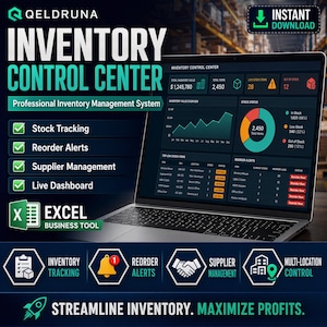 May include: A laptop displaying the Qeldruna Inventory Control Center dashboard, an Excel business tool for stock tracking, reorder alerts, and supplier management. The screen shows data visualizations, inventory value, and stock status charts.