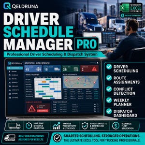 May include: A digital driver schedule manager pro software interface displayed on a laptop screen. The dashboard shows a weekly planner, route assignments, and conflict detection. Text includes QELDRUNA, DRIVER SCHEDULE MANAGER PRO, and Microsoft Excel Powered.