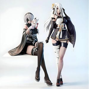 Peut inclure: Deux figurines de style anime aux cheveux blancs et aux tenues noires et blanches. L'une est assise, porte un bandeau noir et tient un masque de renard blanc. L'autre est debout, vêtue d'une robe noire et blanche inspirée d'un kimono.
