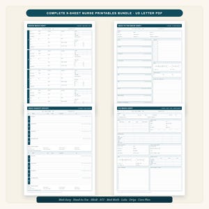 Può includere: Un set completo di 9 fogli stampabili per infermieri in formato PDF US letter. I documenti presentano intestazioni blu scuro e sfondi bianchi con sezioni organizzate per il rapporto infermieristico, la valutazione clinica e il report SBAR.