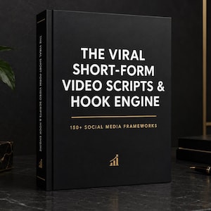 May include: A black hardback book titled THE VIRAL SHORT-FORM VIDEO SCRIPTS & HOOK ENGINE with the subtitle 150+ SOCIAL MEDIA FRAMEWORKS in white and gold text. The book features a gold bar graphic and a gold upward trending bar chart icon.