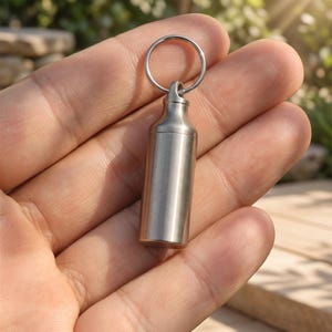 May include: A small, cylindrical, metallic silver-toned container with a smooth, brushed finish. The vessel features a screw-top lid with a small loop at the apex, which is attached to a circular metal split ring for use as a keychain.