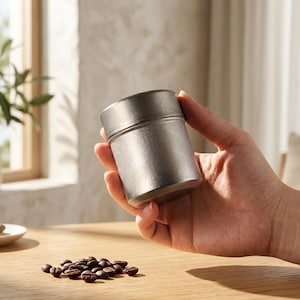 May include: A small, cylindrical, metallic gray storage canister with a smooth, matte finish and a fitted lid. The container features a simple, minimalist design with a subtle horizontal seam separating the lid from the main body.
