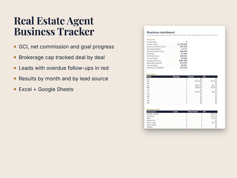 Real Estate Agent Business Tracker, Commission & GCI Goal Spreadsheet (Excel/Google Sheets) image 1