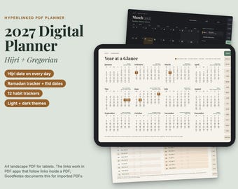 2027 Hijri Gregorian Digital Planner, Ramadan Tracker, Eid Dates (PDF)