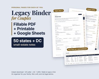 Couples Legacy Binder: Fillable PDF, Printable, Google Sheets (50 States + DC)