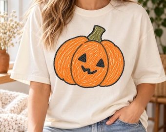 Pompoen met krijtmotief PNG, schattige Halloween pompoen, doodle herfst shirt ontwerp, herfst printbaar, digitale download