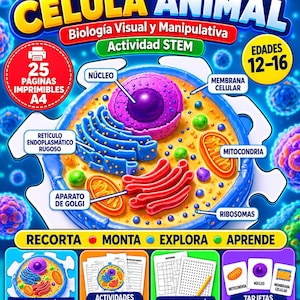 May include: An educational STEM activity set titled EL GRAN PUZLE DE LA CELULA ANIMAL featuring a diagram of an animal cell with labeled organelles like the nucleus, mitochondria, and Golgi apparatus, plus printable pages, games, and cards.