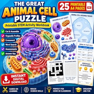 Puede incluir: Un libro de actividades STEM imprimible titulado The Great Animal Cell Puzzle, que contiene 25 páginas A4. La descarga digital incluye un diagrama de célula animal, hojas de recorte de orgánulos, crucigramas y un certificado.