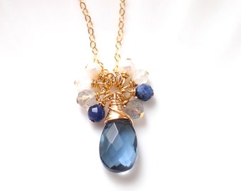 London Blue Quartz Necklace // Gem Pendant // Gem Cluster // 14K Gold-filled // Wire-wrapped // Elegant & Classy