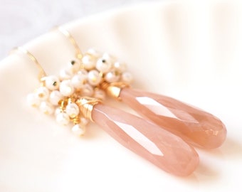 Sunstone Earrings // Statement Earrings // Pearl Cluster // 14K Gold-filled // Wire-wrapped // Elegant & Timeless