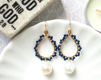 Baroque Pearls x Blue Quartz Earrings // 14K Gold-filled // Wire-wrapped // Precious & Elegant