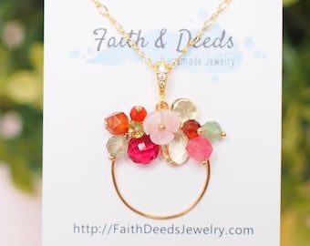Assorted Gem Stones Pendant // Statement Necklace // Blooming Flowers // 14K Gold-filled