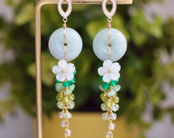 Type A Burmese Jade Donut Earrings // Green Ombre // 14K Gold-filled // Long Dangling Style