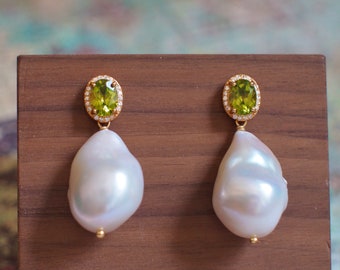 Peridot x White Baroque Pearl Earrings // Halo Setting // Cubic Zirconia // 18K Yellow Gold Plated Over Silver