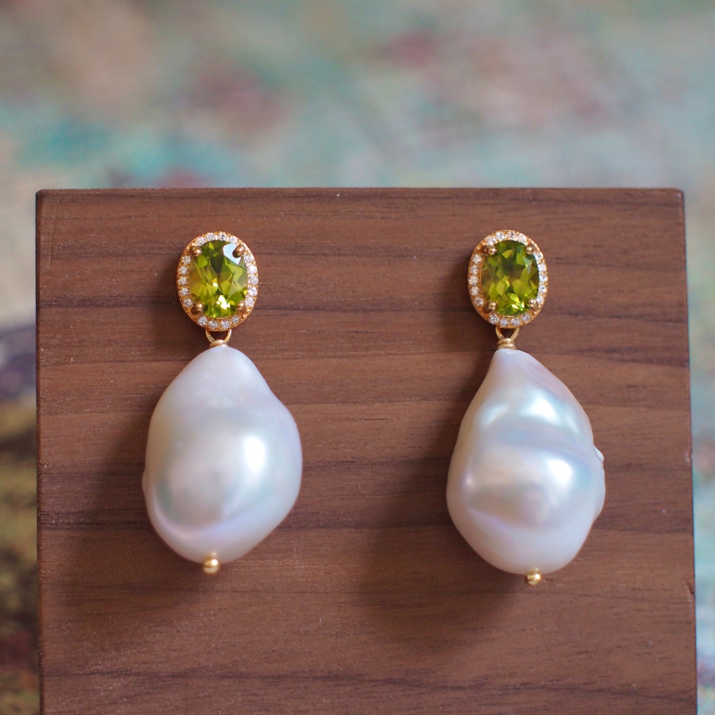 Peridot X White Baroque Pearl Earrings Halo Setting Cubic