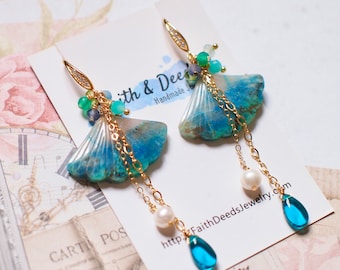 Chrysocolla Earrings // Statement Earrings // Gems Cluster // Quartz and Pearl Dangles // Stunning & Unique