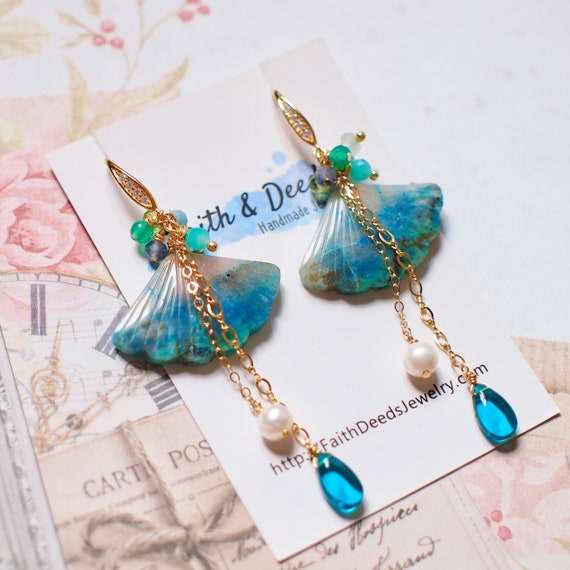 Chrysocolla Earrings // Statement Earrings // Gems Cluster // Quartz and Pearl Dangles // Stunning & Unique