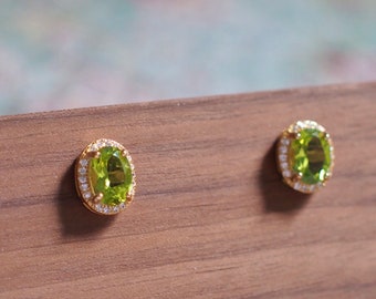 Peridot Earrings // Halo Setting // Cubic Zirconia // 18K Yellow Gold Plated Over Silver