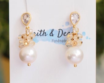 Fresh Water Pearl Earrings // Gem Cluster // Citrine Quartz // 14K Gold-filled