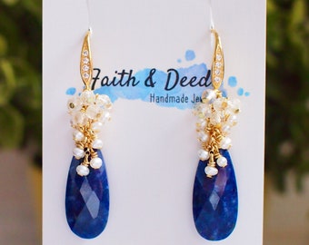 Sodalite Earrings // Statement Earrings // Gem Cluster // Pearls x Citrine Quartz // 14K Gold-filled // Elegant & Striking