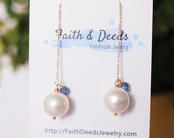 Fresh Water Pearl Earrings // Simple Threader Earrings // Blue Sapphire // 14K Gold-filled // Dangling Style // Sassy