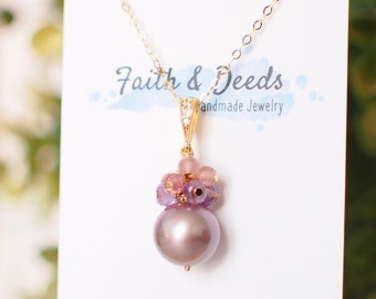 Edison Pearl Pendant // Natural Pinkish Purple // Amethyst x Strawberry Quartz Cluster // 14K Gold-filled