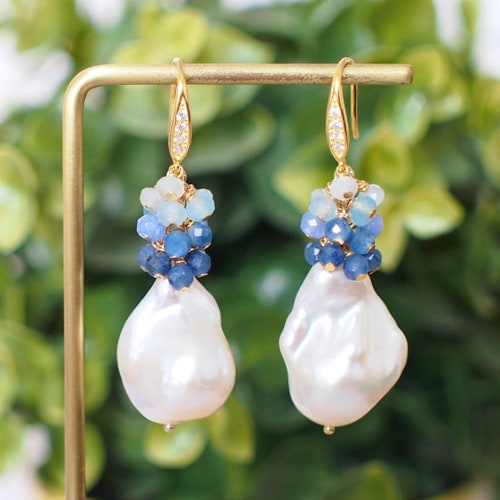 Baroque Pearl Earrings // Flameball shops Pearls// Blue Gems Cluster // 14K Gold-filled // Elegant & Graceful
