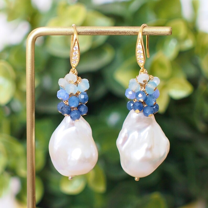 Baroque Pearl Earrings // Flameball Pearls// Blue Gems Cluster // 14K  Gold-filled // Elegant & Graceful - Earrings